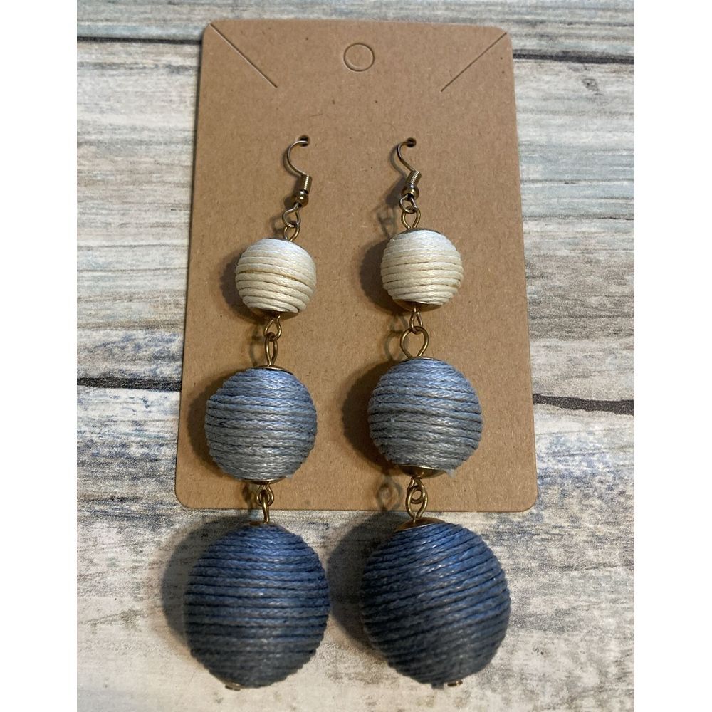 Bon Bon EARRINGS lue Tan Thread wrapped Drop Dangle Ball 3.5"